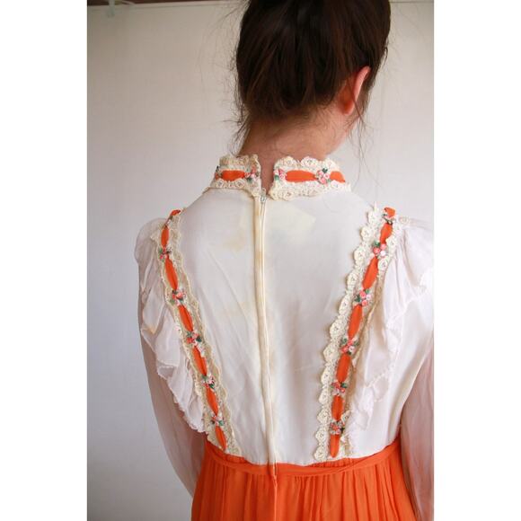 1960s Mod Orange and White Chiffon Maxi Dress - Picture 3 of 7